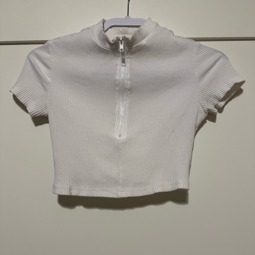 White Ribbed Half Zip Crop Top